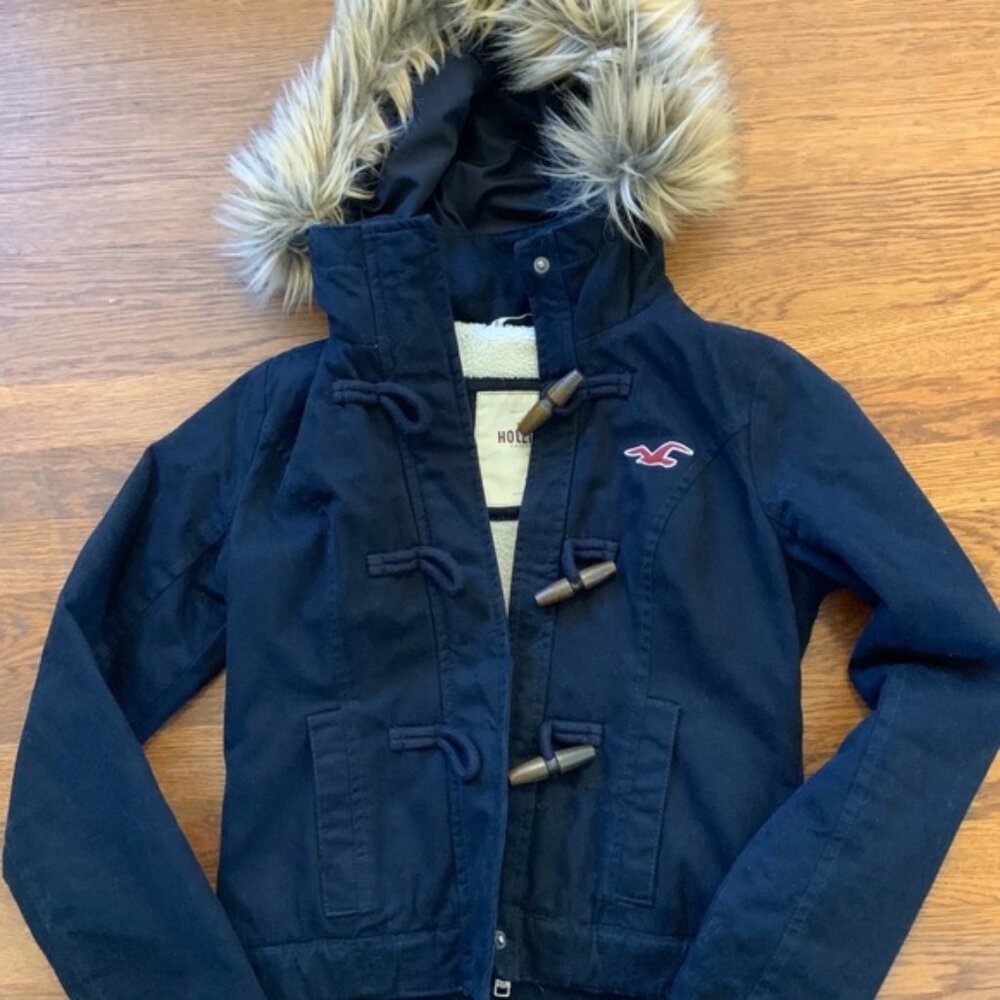 Vtg Y2K Rare Hollister Jacket Womens Navy Blue Sherpa Lined Hooded XS